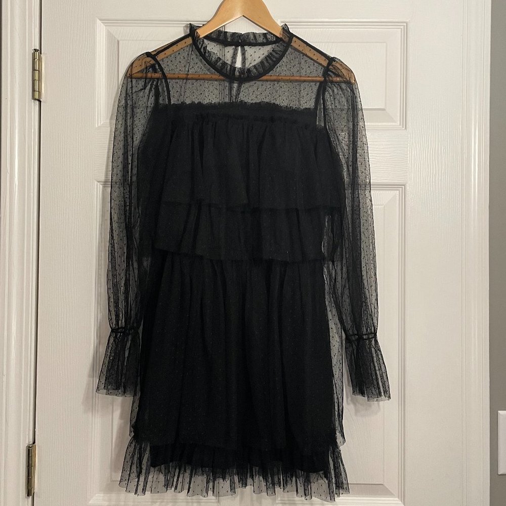 Forever 21 Women's Black Long Sleeve Chiffon Ruffle Dress Small